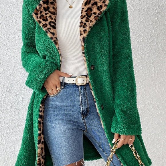 Contrast Leopard Pattern Lapel Neck Fleece Coat - Picture 5 of 5